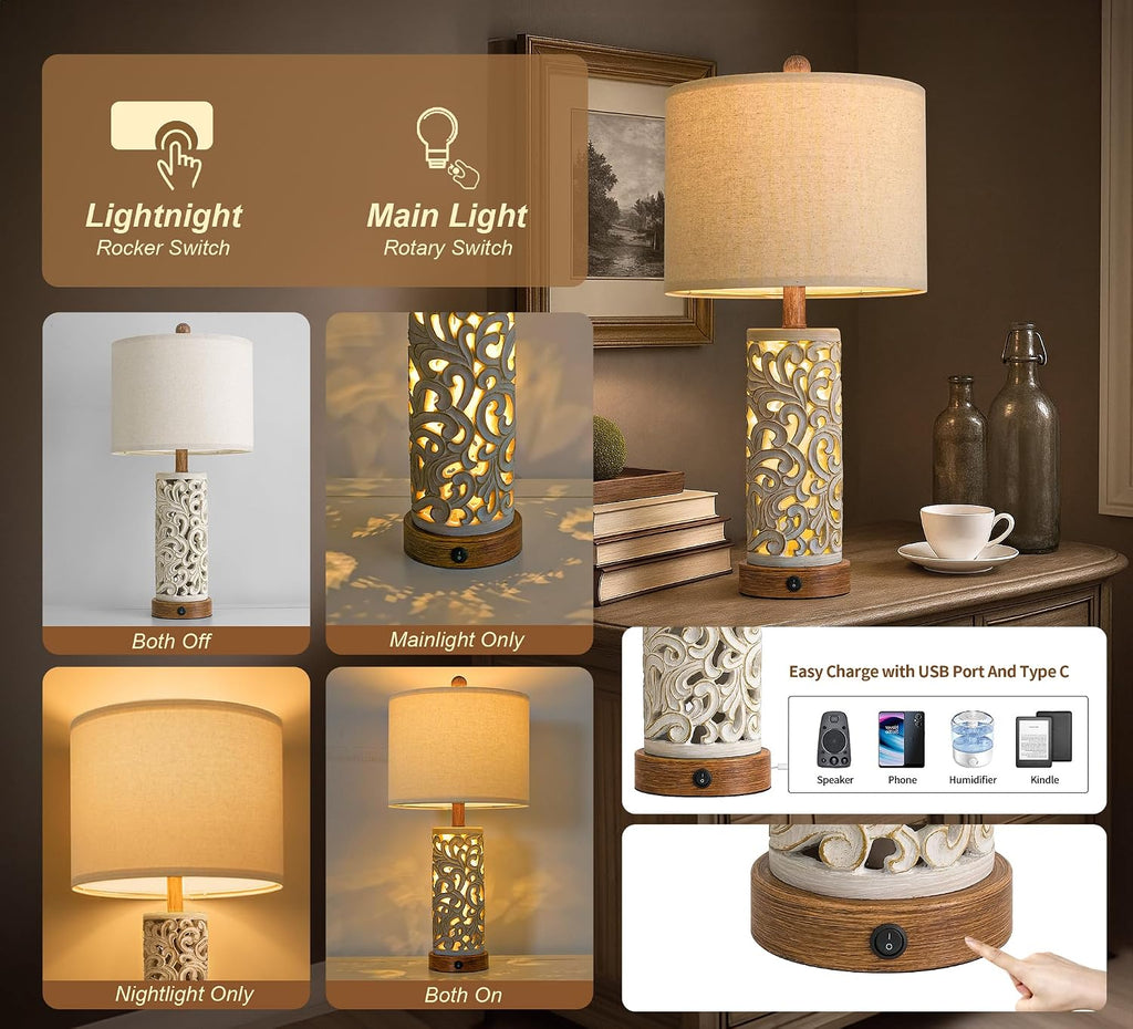 Oyears 22'' Table Lamp Set of 2 for Living Room, Farmhouse Lamp for for Bedroom, Vintage Retro Bedside Lamps with USB Ports Linen Shade for H…