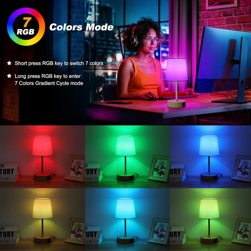 Ascher Small Bedside Table lamp Set of 2, RGB Color Changing Lamps, 3 Color Temperatures, Stepless Dimmable, Nightstand Lamp with USB C+A…