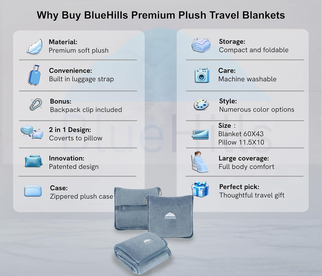 BlueHills Premium Soft Plush Travel Blanket Pillow for Airplane Traveling Essentials in a Bag Flight Throw with Hand Luggage Belt…