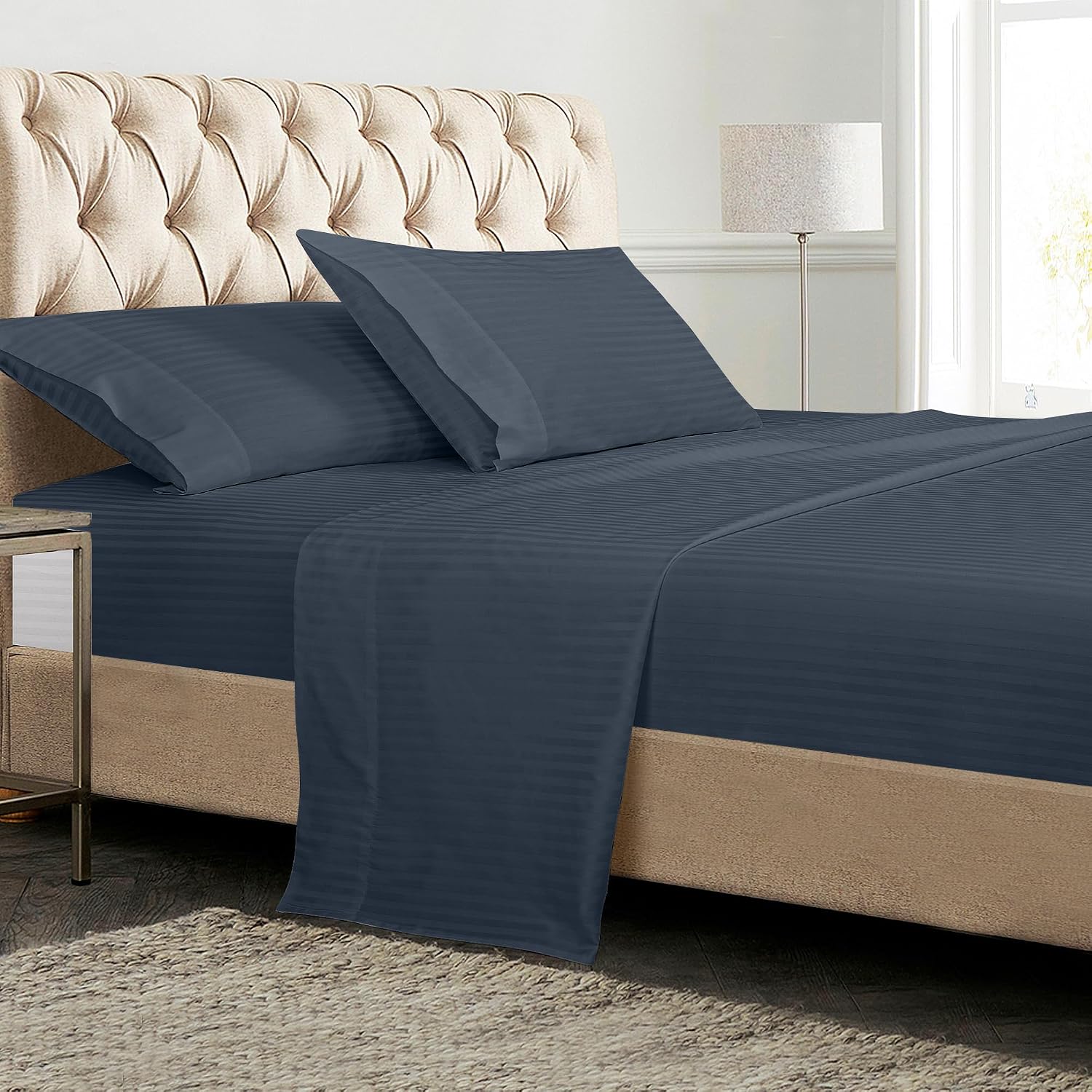 Royalelinens ROYALE LINENS 300 Thread Count 100% Long Staple Combed Cotton Striped Sheet Set - 4 Piece Queen Bed Sheets - 1 Fitted, 1 Flat…