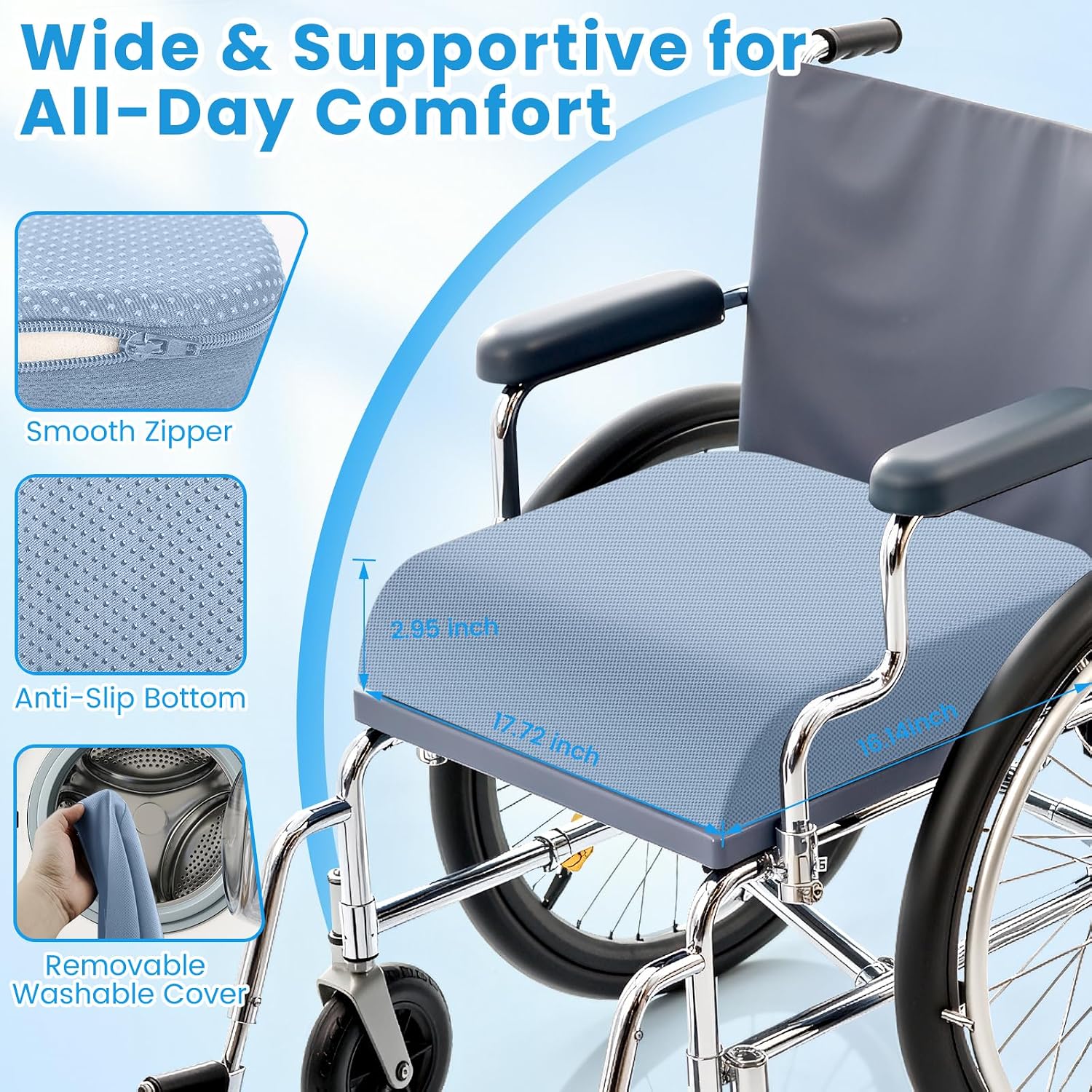 Wheelchair Seat Cushion for Pressure Relief, Cooling Gel Memory Foam Chair Cushion with Slope-Edge Design, Coccyx Support for Tailbone…