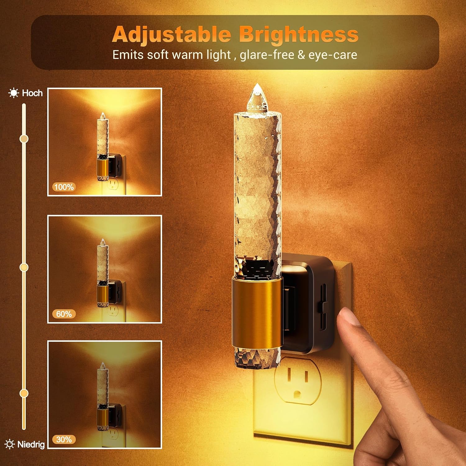 JandCase Night Light, Flameless Candle Amber Night Lights Plug into Wall 2 Pack, Auto On/Off Light Sensor Crystal Dimmable LED…