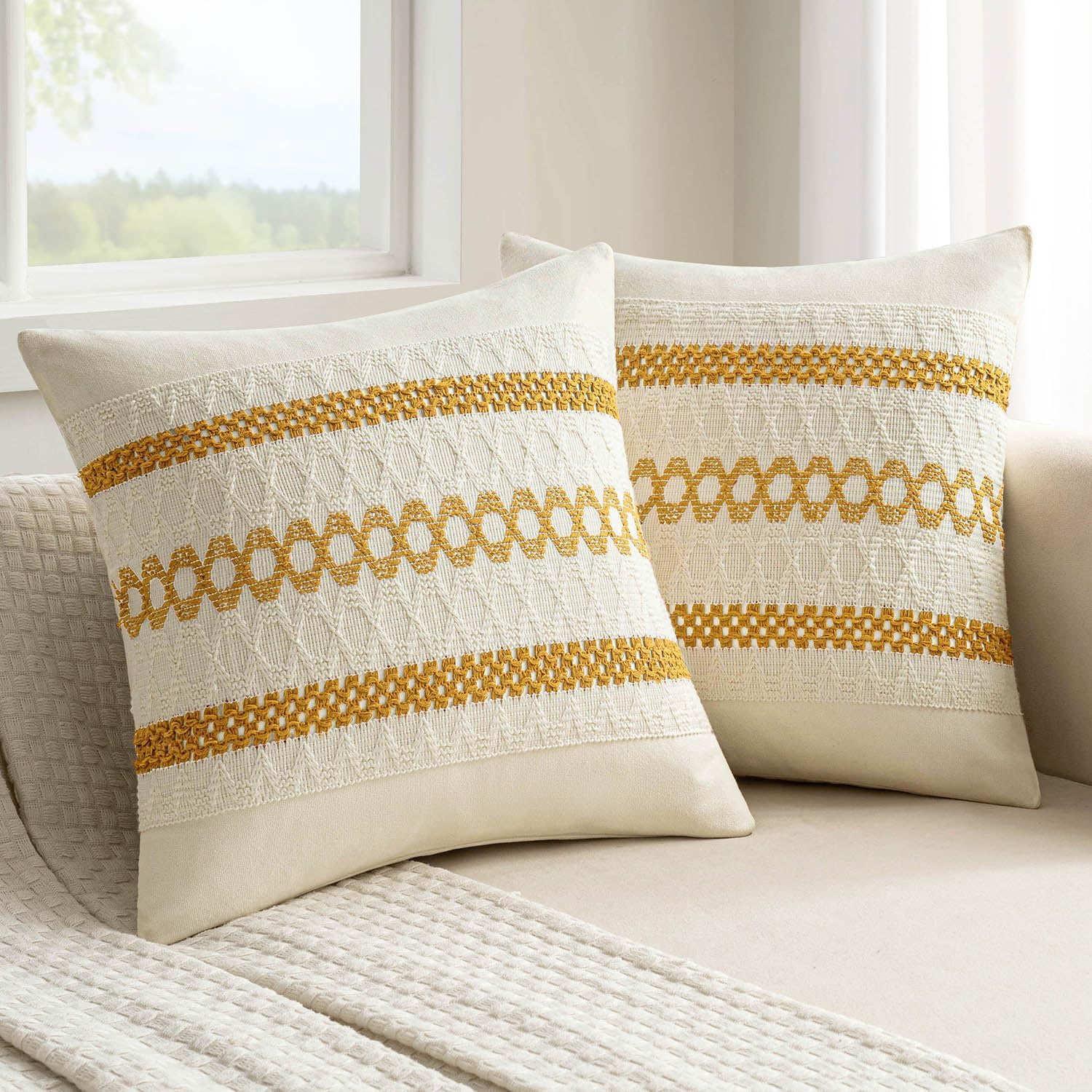MIULEE Set of 2 Mustard Yellow Boho Decorative Pillow Covers 20x20 Inch Farmhouse Rustic Couch Throw Pillows Modern Spring Cotton Cushion…
