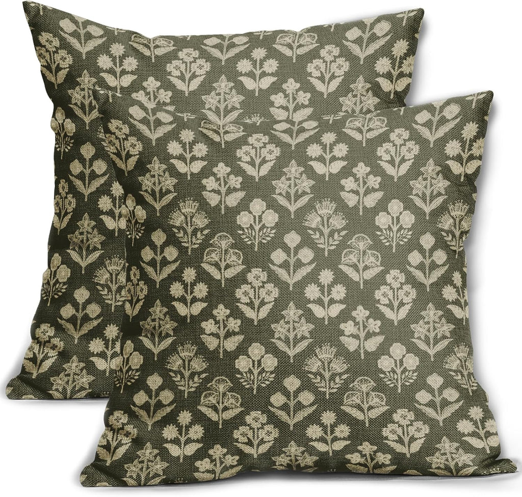 Olive Green Floral Block Print Pillow Covers 18x18 Inch Set of 2, Vintage Flower Pattern Decorative Throw Pillowcases Outdoor Farmhouse…