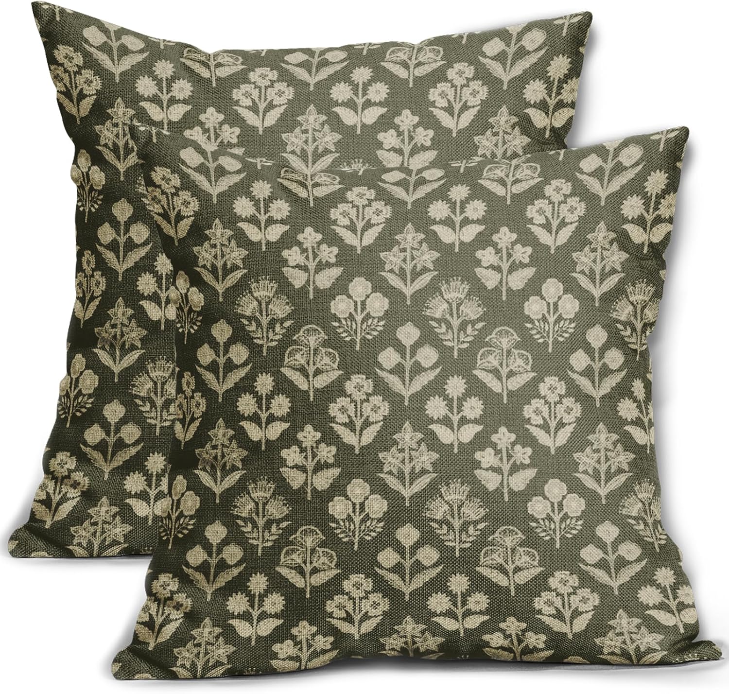 Olive Green Floral Block Print Pillow Covers 18x18 Inch Set of 2, Vintage Flower Pattern Decorative Throw Pillowcases Outdoor Farmhouse…