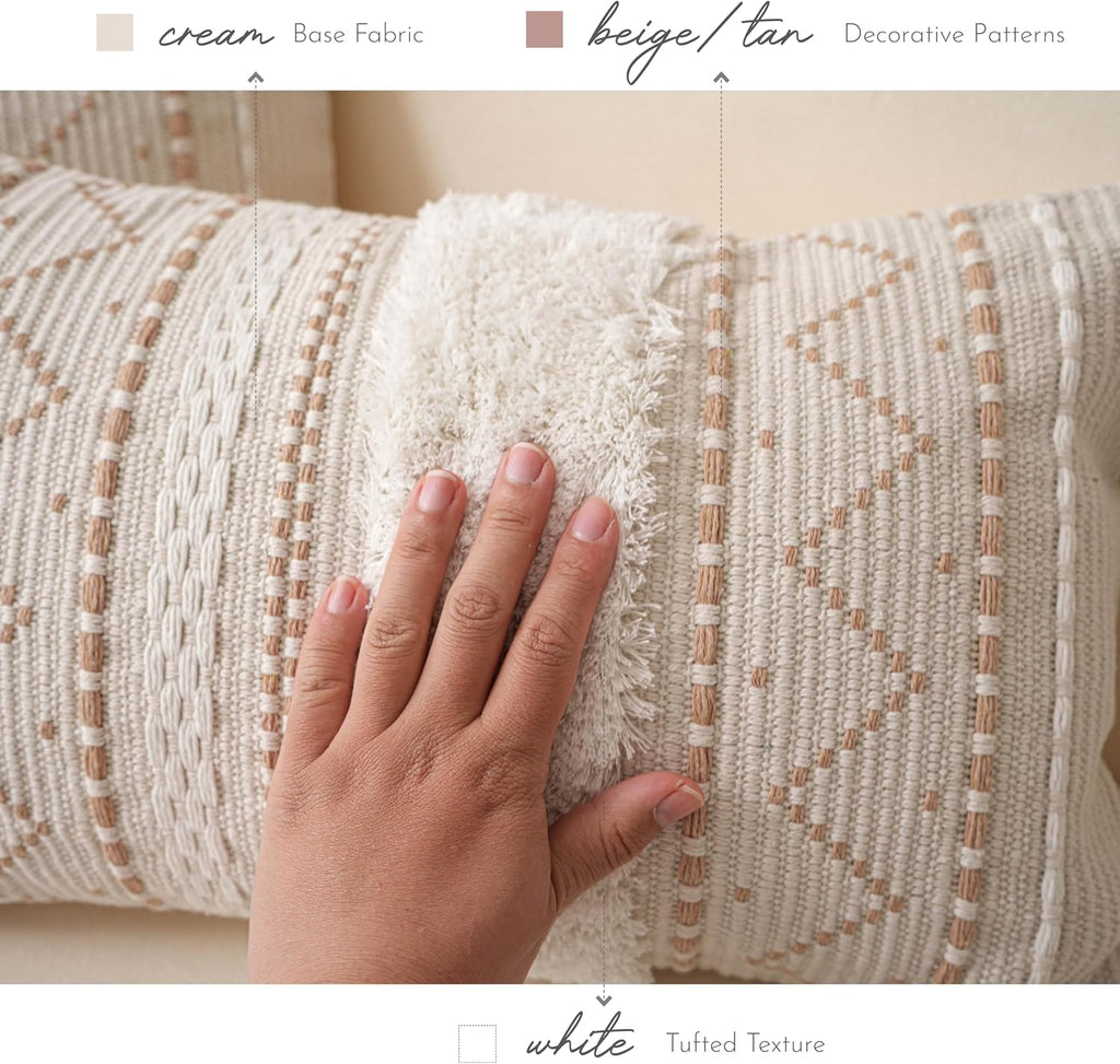 BlissBlush 12x20 Lumbar Pillow Cover, Cream Neutral Beige Rectangular Decorative Cushion Cover, Boho Accent Pillowcase with Tufted…