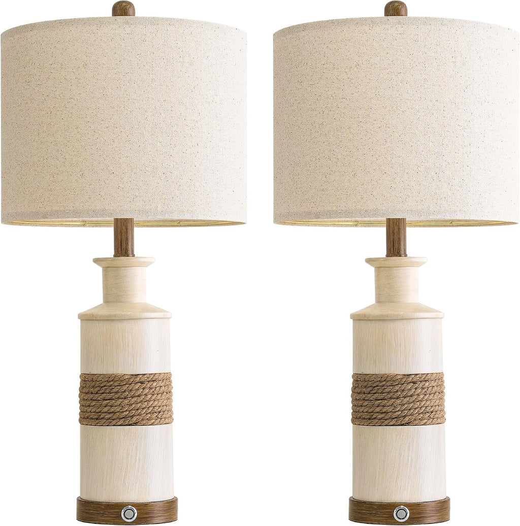 BOBOMOMO 24.5" Farmhouse Boho Table Lamps Set of 2, Hand-Woven Rattan Bedside Lamps with 3-Way Dimmable Touch Control & USB A+C Ports…