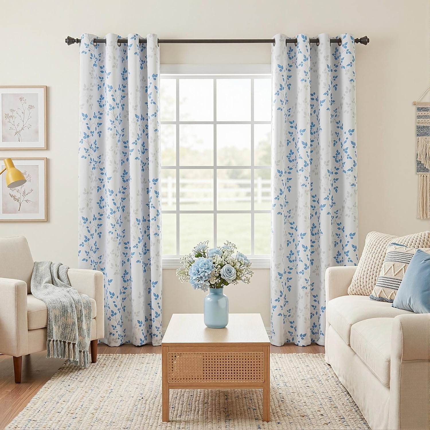 Meetsky Blue 95% Blackout Curtains for Living Room - Leaf Printed Grommet Thermal Insulated Sunlight Blocking Drapes, Privacy Assured Windo…