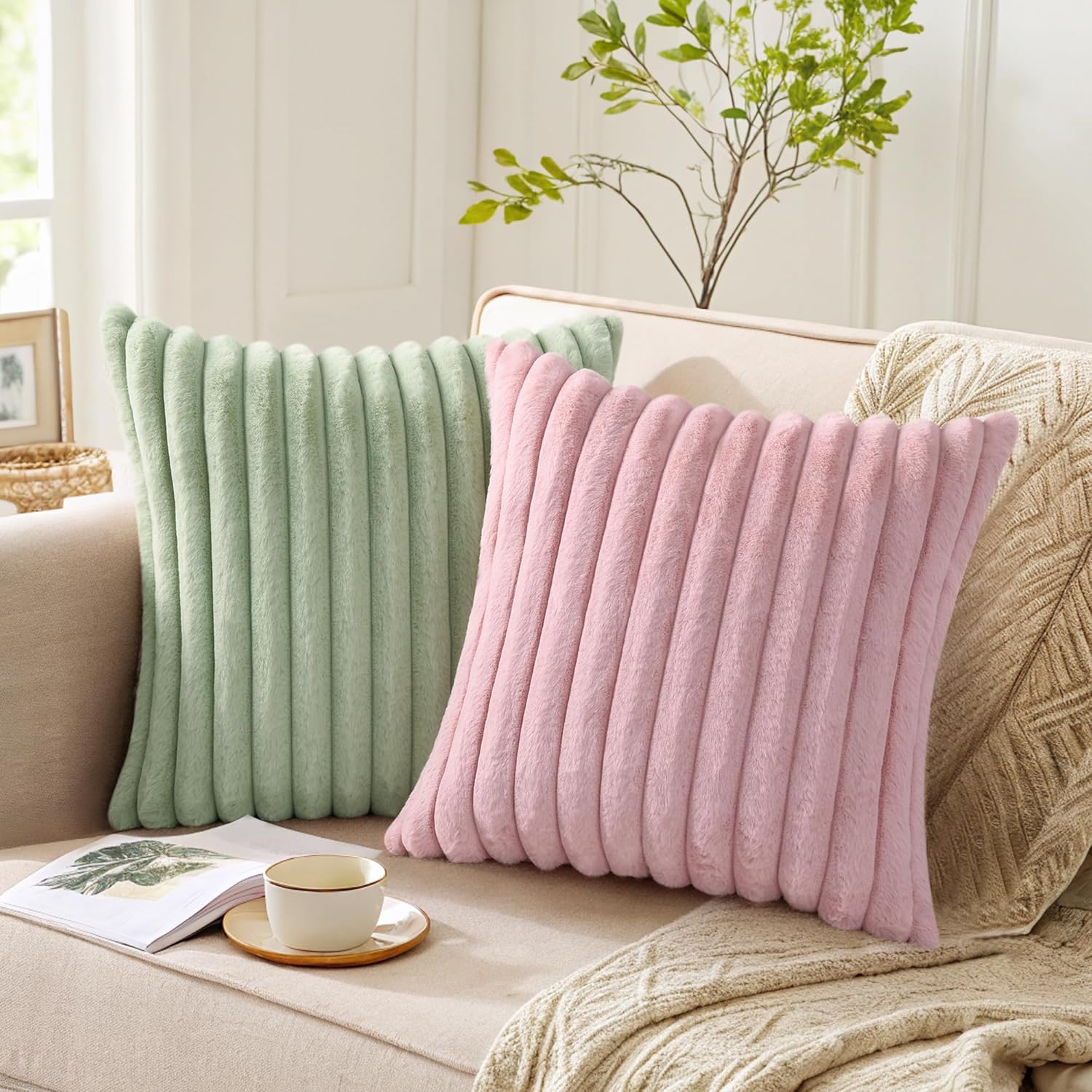 Pallene Faux Fur Plush Throw Pillow Covers 22x22 Set of 2, Luxury Soft Fluffy Striped Decorative Pillow Covers for Sofa, Couch, Living…