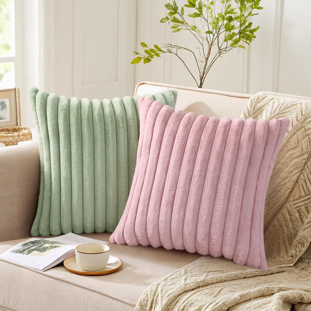 Pallene Faux Fur Plush Throw Pillow Covers 22x22 Set of 2, Luxury Soft Fluffy Striped Decorative Pillow Covers for Sofa, Couch, Living…