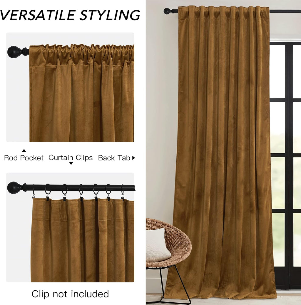 Rybhome RYB HOME Brownish Gold Velvet Curtains 96 inch, Retro Vintage Room Darkening Window Curtains for Living Room Thermal Insulated Shad…