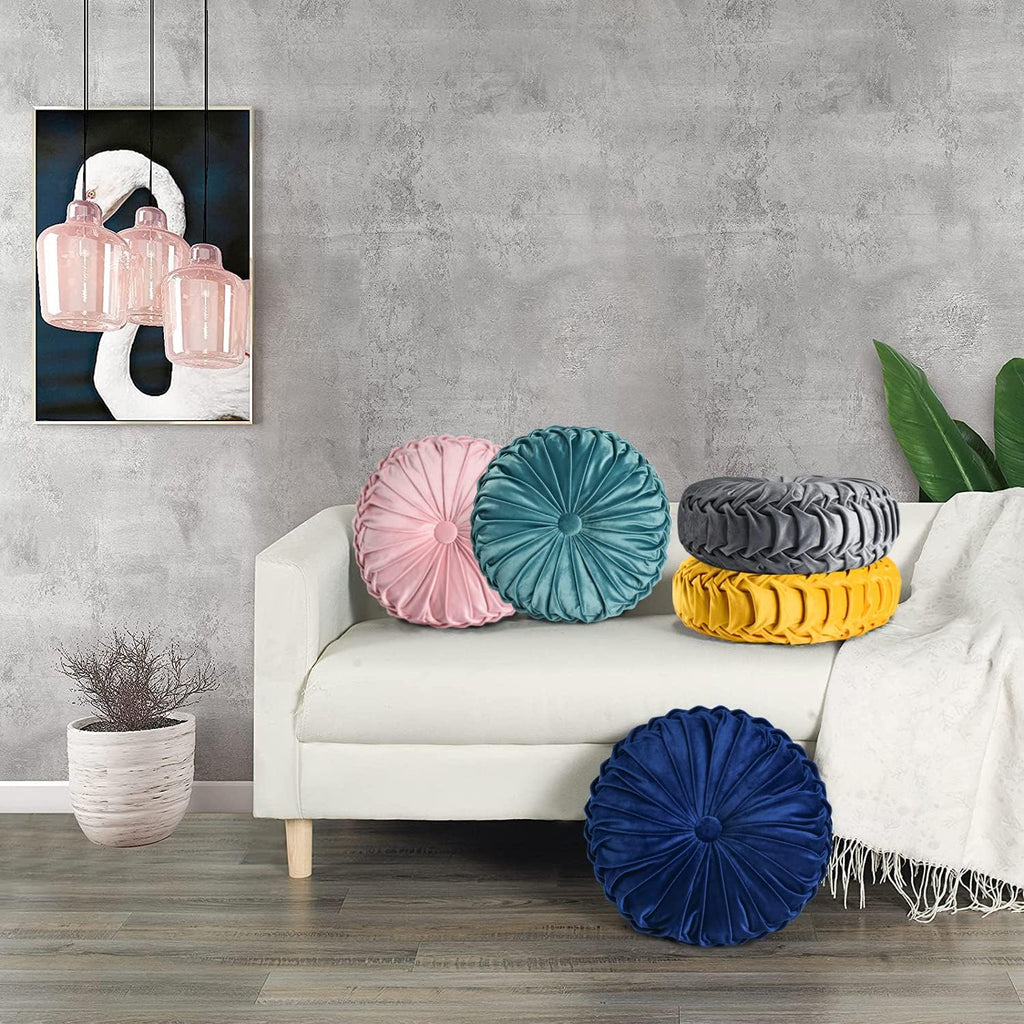 Hig Set of 2 Decorative Round Pleated Throw Pillows, Classy Accent Pumpkin Throw Pillows with Center Button, Vintage Velvet Floor Pillows f…