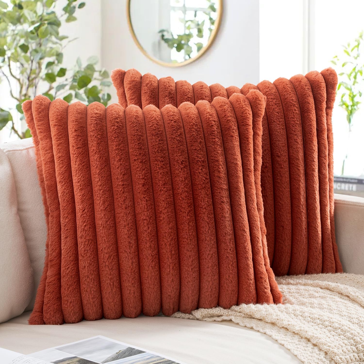 Miulee Faux Fur Decorative Throw Pillow Covers 20x20 Inch Set of 2, Retro Vintage Boho Home Decor Soft Plush Couch Pillows Cozy Fluffy Cush…