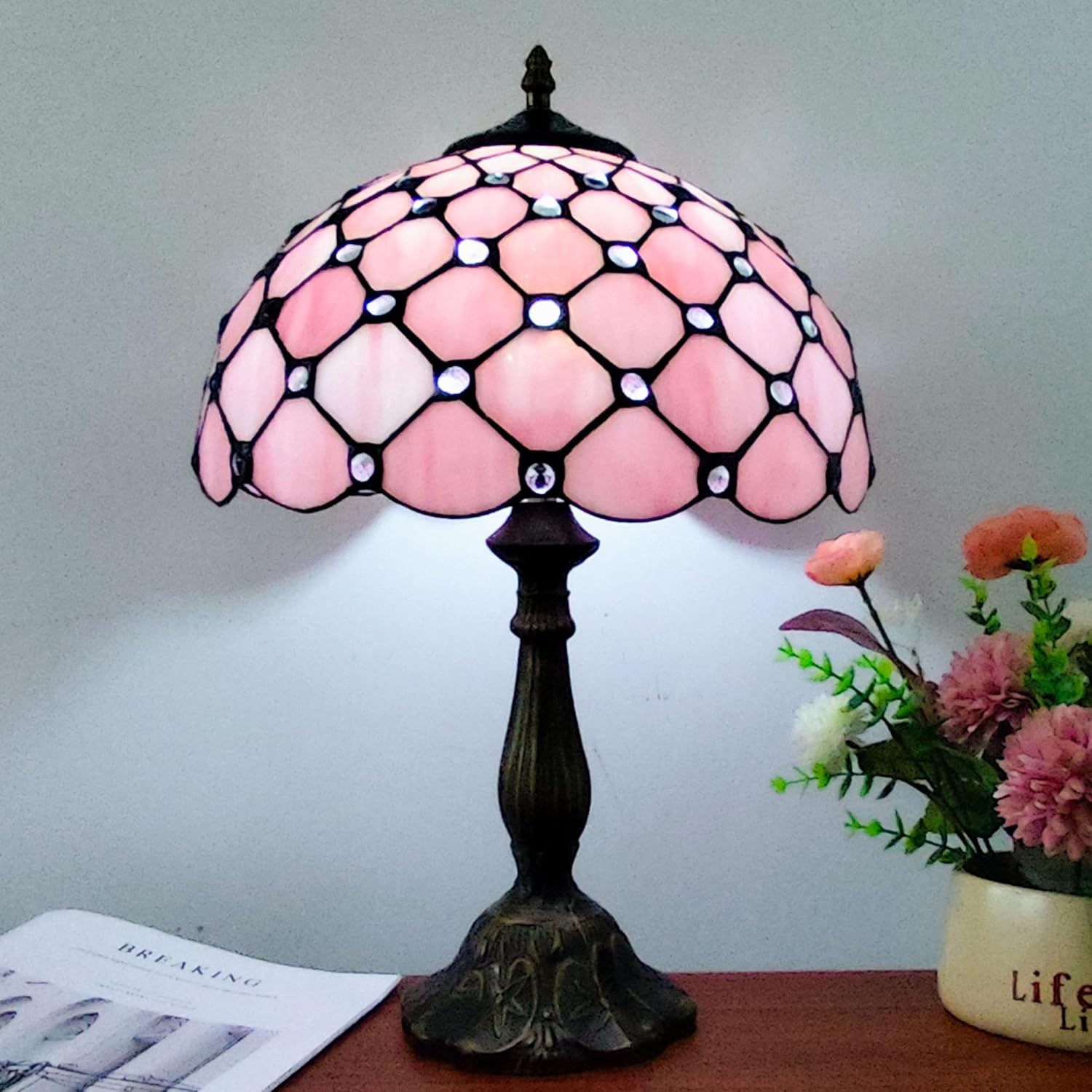 Tiffany Lamp Stained Glass Table Lamp Antique Bedside Desk Reading Light 3-Way Color LED Living Room Nightstand Light 12X12X19 Inches…