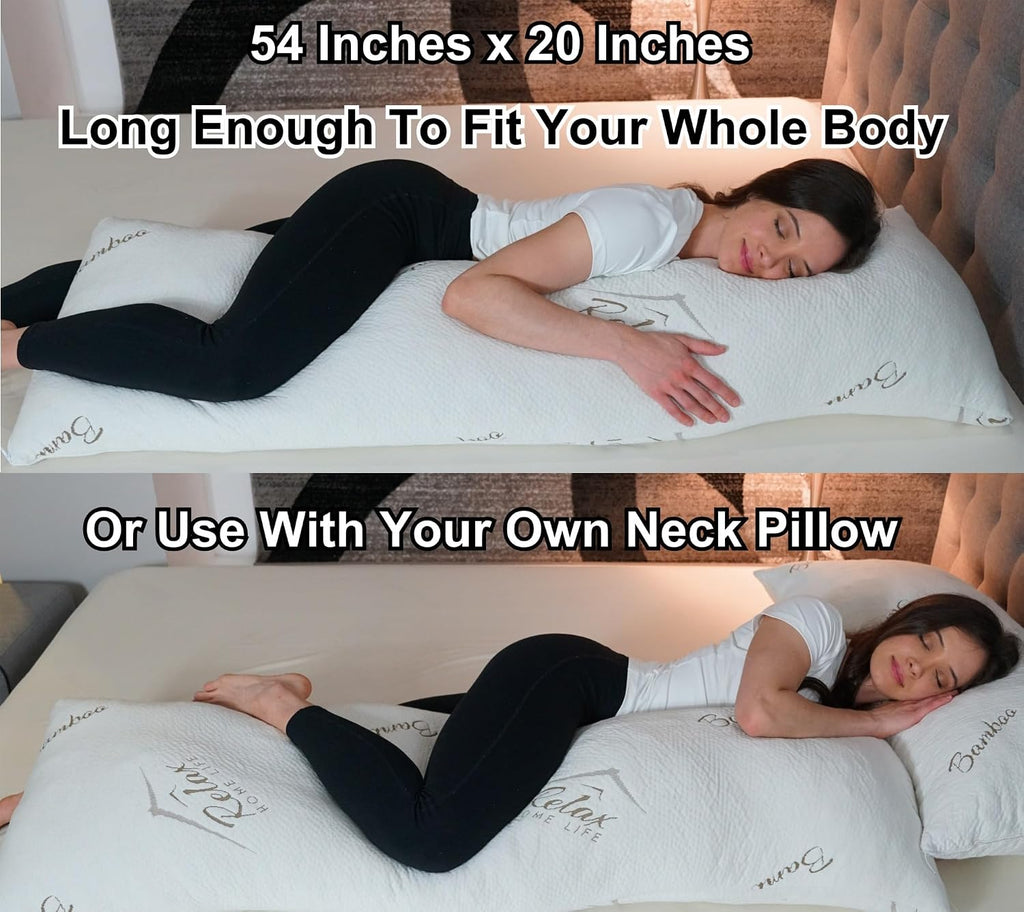 RelaxHomeLife Ultra-Luxury Full Size Body Pillow All USA Shredded Memory Foam & Cool-Vent Viscose of Bamboo Cover | Long Cuddle Size for Pr…