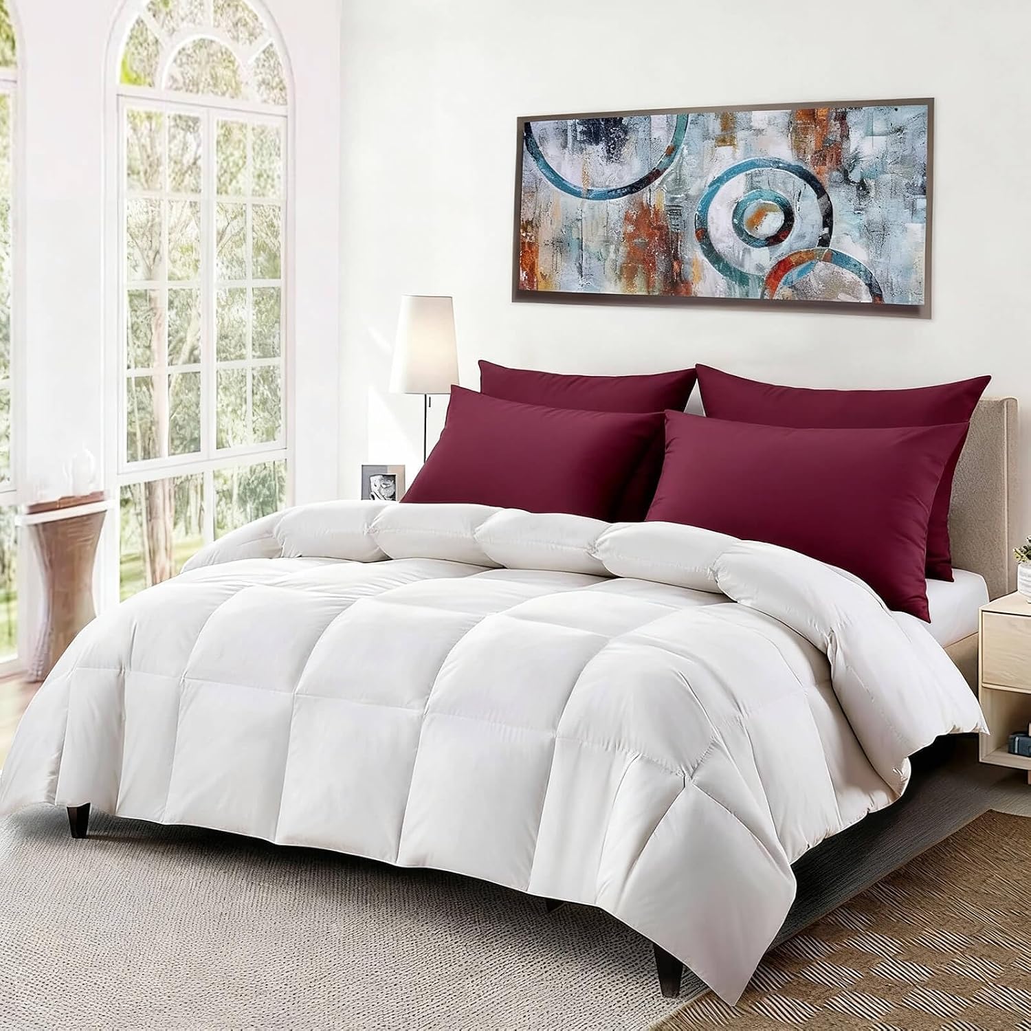 Flat Ultra Thin Bed Pillows Standard/Queen Size Pillow Set of 2 Extra Soft Down Alternative for Stomach Back Sleeper Burgundy