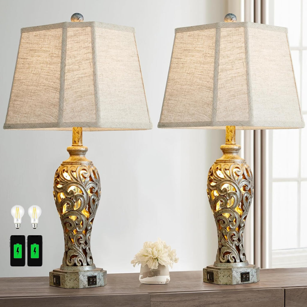 Vintage Table Lamps Set of 2 for Living Room Bedroom, 2 USB Ports 25'' Rustic Farmhouse Desk Lamp with Nightlight, Iron Gray Hollow Out…