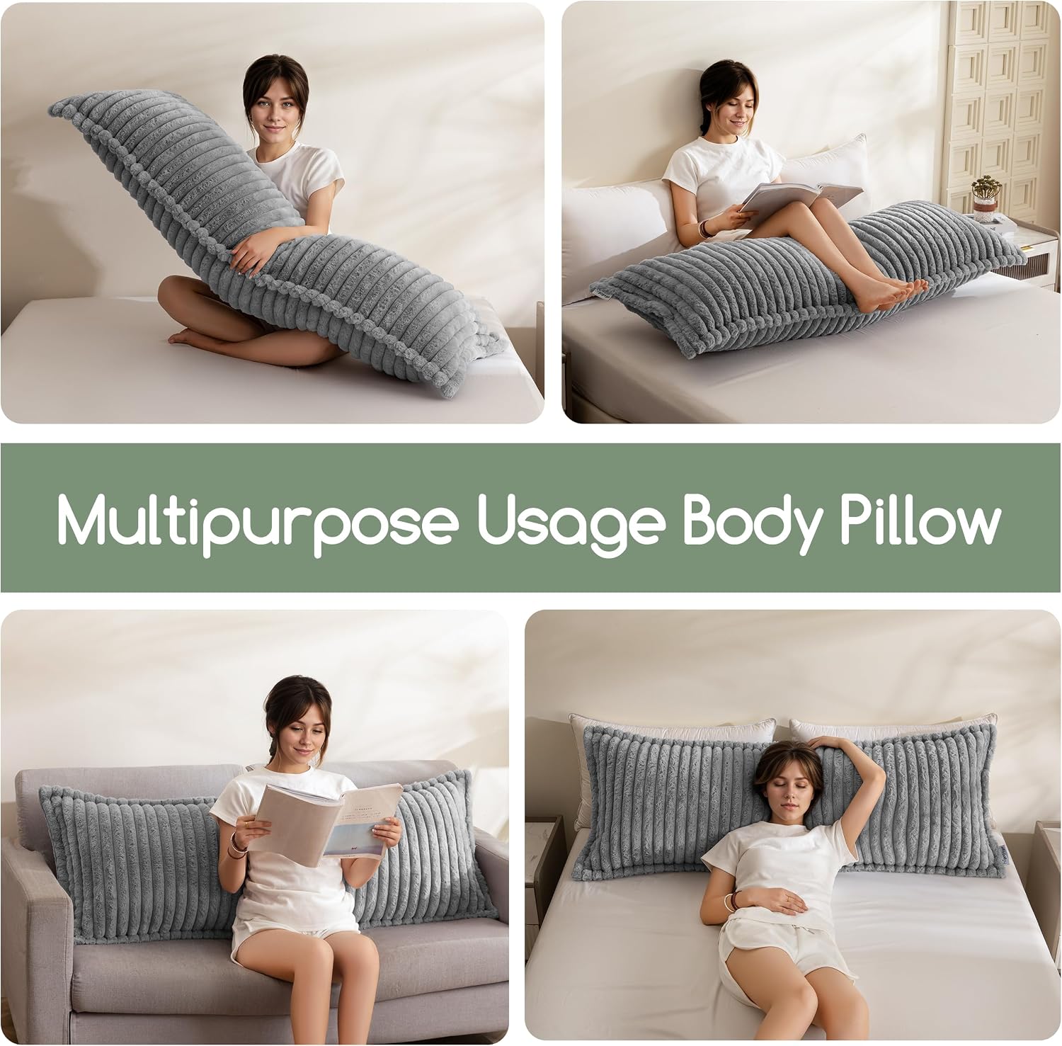 Higogogo Memory Foam Body Pillow, Thickened Large Long Bed Pillow for Adults, Full Body Pillow with Removable Pillow Cover(20x54 Inch), Grey…
