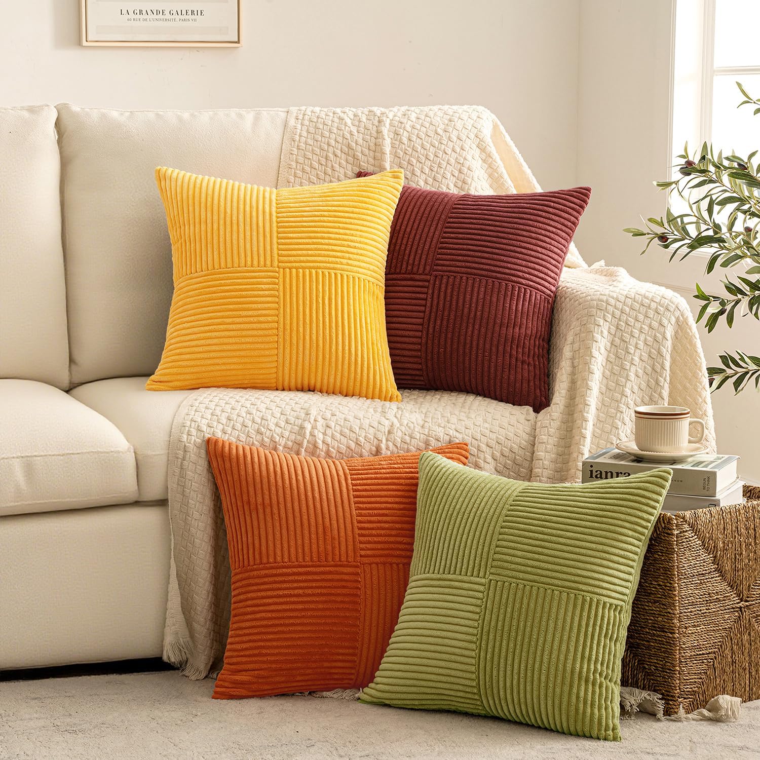 Miulee Yellow Orange Rust Throw Pillow Covers 18x18 Inch 4 Packs Boho Farmhouse Decorative Color-Clash Pillow Cases Soft Cushion Cases for…