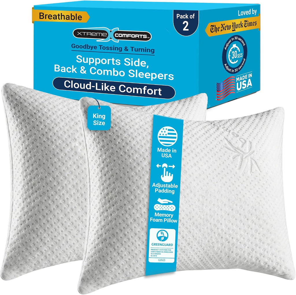 Xtreme Comforts GREENGUARD Certified King Pillows for Sleeping Made in The USA (2 Pack) | Adjustable King Memory Foam Pillow for Side…