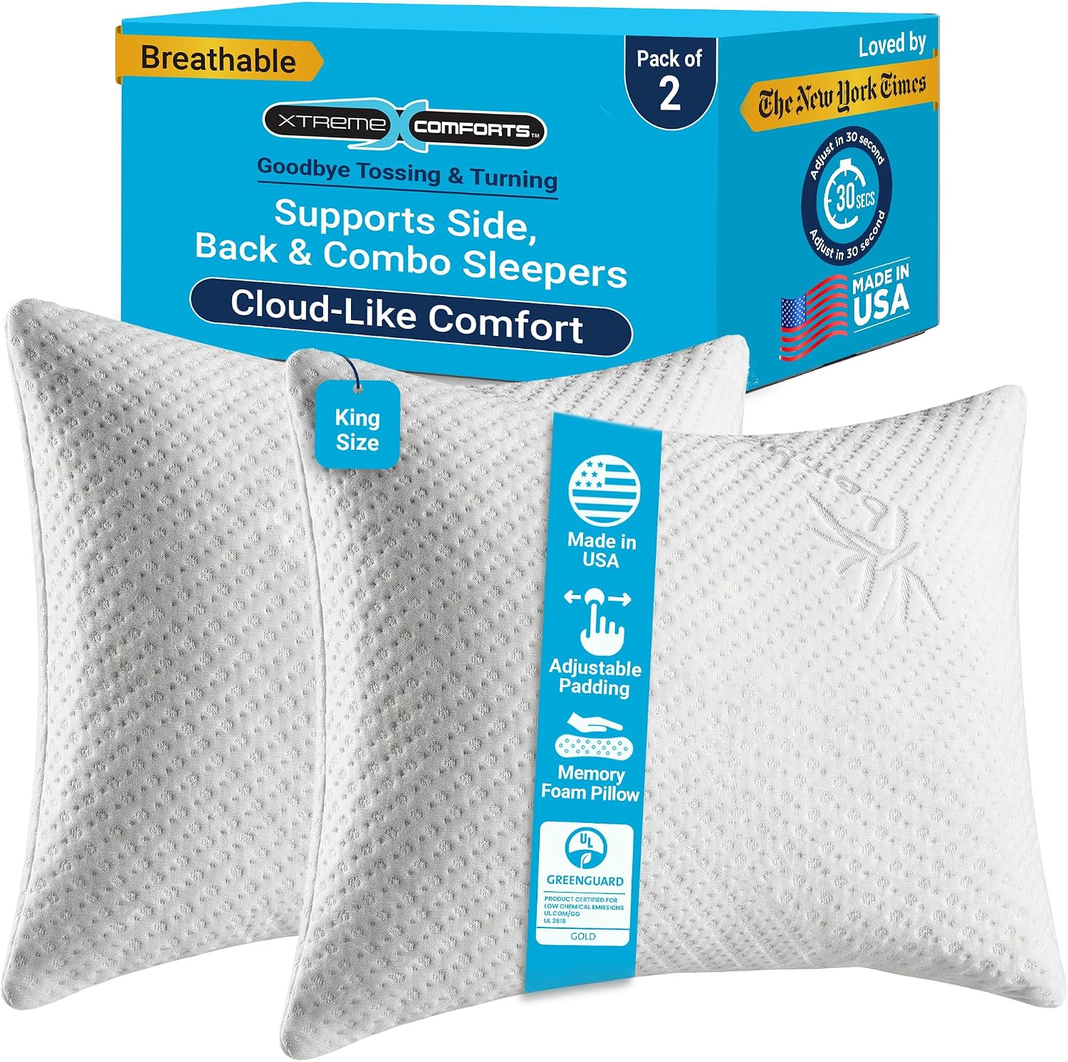 Xtreme Comforts GREENGUARD Certified King Pillows for Sleeping Made in The USA (2 Pack) | Adjustable King Memory Foam Pillow for Side…