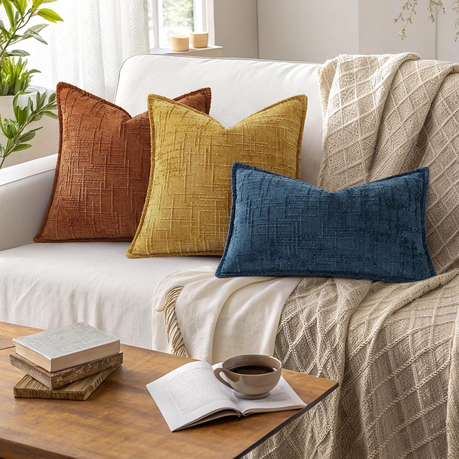decorUhome Chenille Fall Throw Pillow Covers 22x22 Set of 2, Soft Textured Slubby Modern Decorative Pillow Covers with Elegant Design for C…