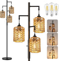 ROTTOGOON Dimmable Rattan Floor Lamp, 3 x 800LM LED Bulbs Included, Boho Tree Standing Lamps with 3 Hand-Woven Octagonal Lantern Shades…