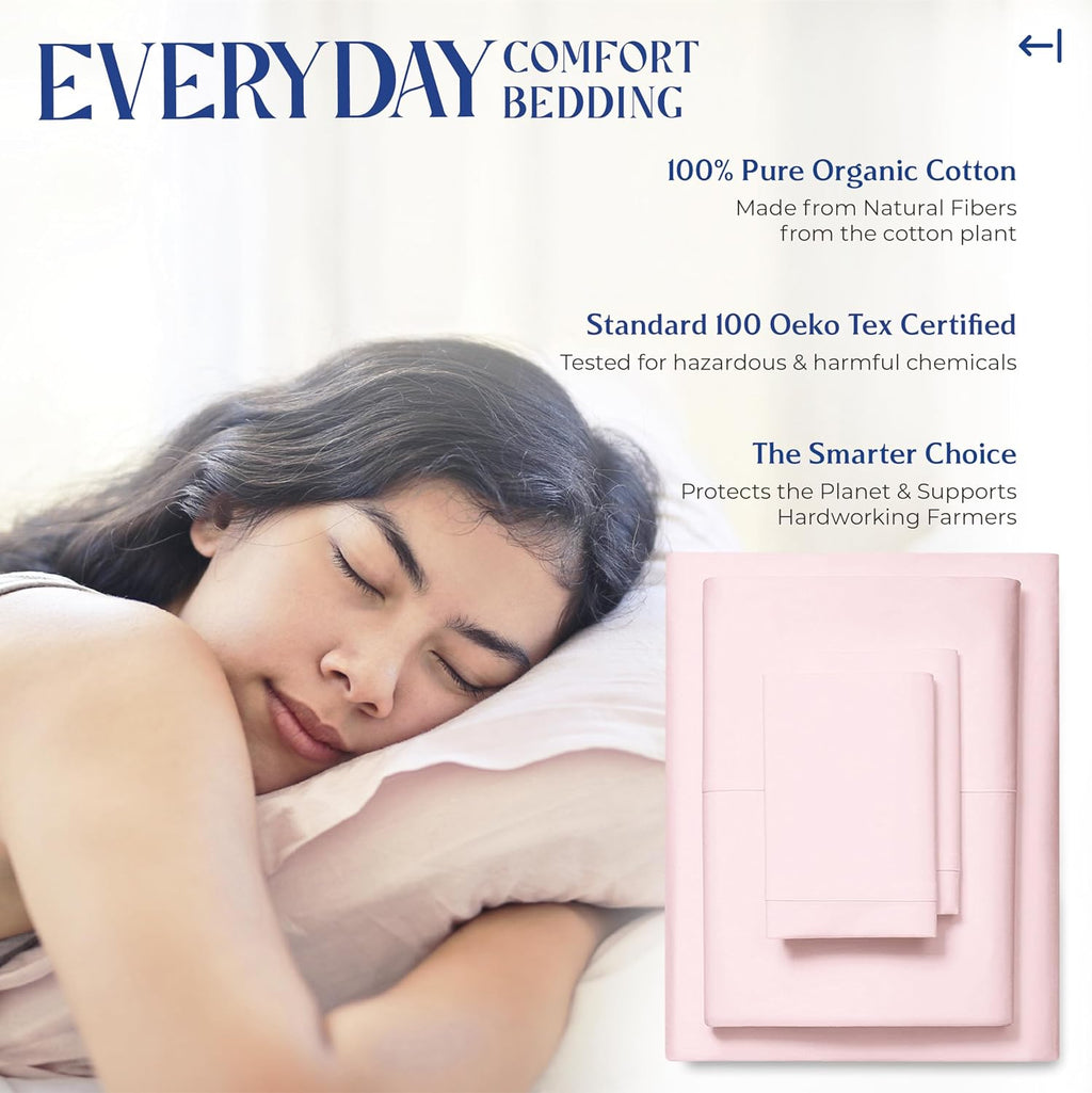 Mayfair Linen 100% Organic Cotton Sheets Twin XL Size - 3 PC Organic Cotton Percale Sheets Twin XL Set (Blush), Soft, Crisp, Cooling…
