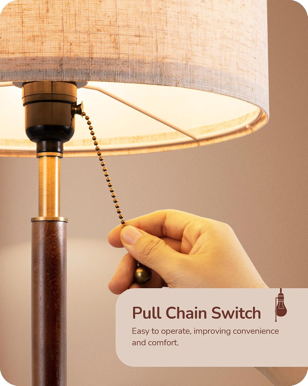 EDISHINE Mid Century Table Lamp Set of 2, Pull Chain Switch Bedside Lamp, Linen Shade, Solid Wood Pole & Bronze Brushed Metal Base…