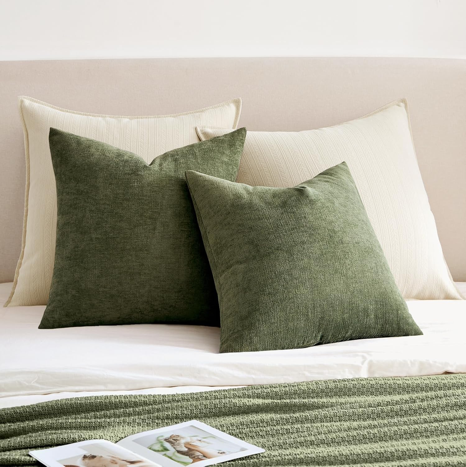 Miulee Olive Green Couch Pillow Covers 18x18 Inch, Set of 2 Soft Chenille Decorative Square Throw Pillow Covers Farmhouse for Sofa Living R…