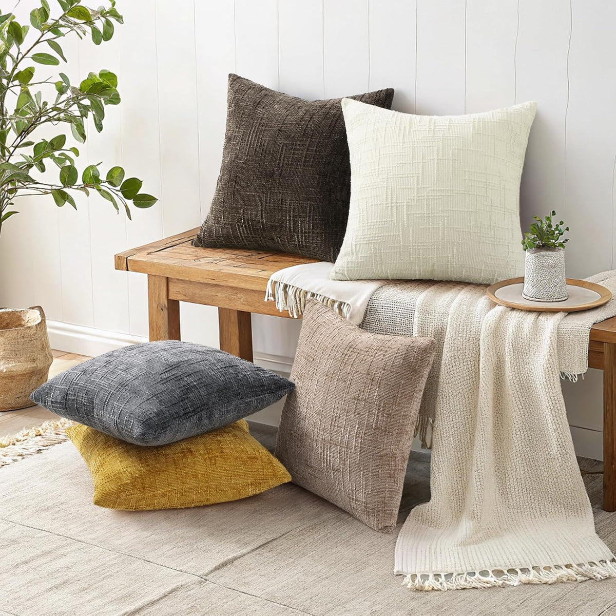 decorUhome Summer Cream White Chenille Euro Sham Throw Pillow Covers 26x26 Set of 2 Textured Soft Cozy Slubby Couch Pillow Covers Modern Fa…