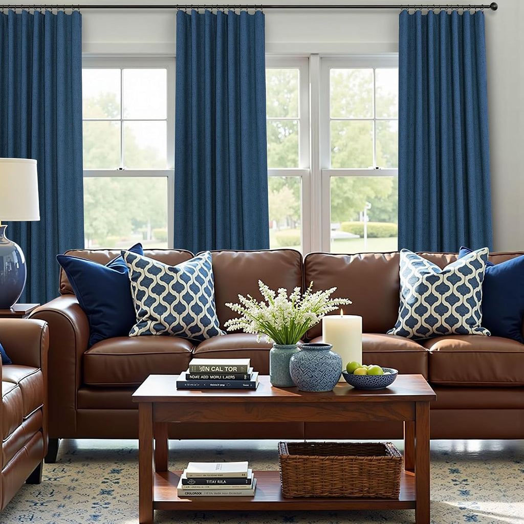 Pitalk Navy Blue Curtains for Living Room 102 Inch Long 100 Percent Blackout Linen Look Viral Window Curtains for Bedroom Black Out Drapes…