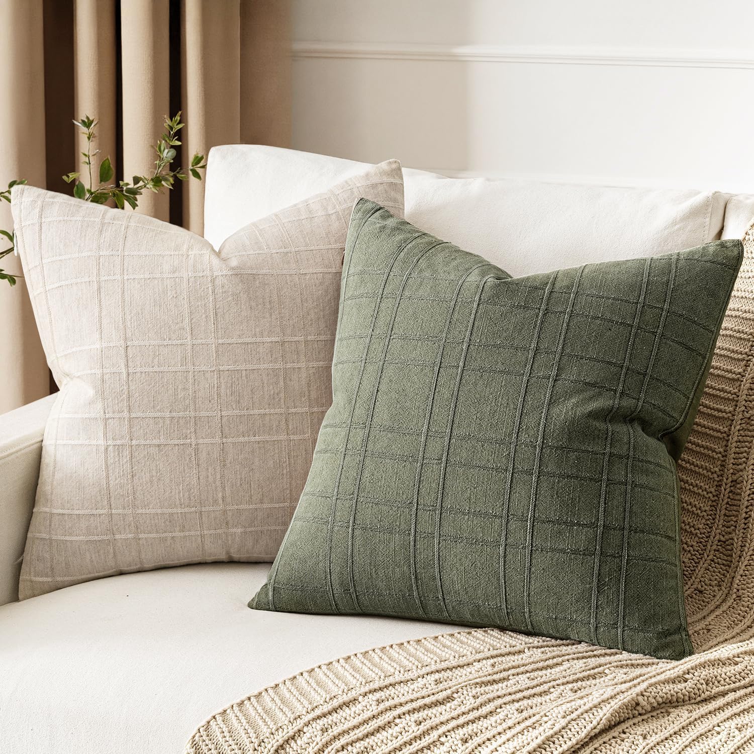 Miulee Decorative Linen Check Euro Shams Throw Pillow Covers Neutral Farmhouse Vintage Spring Pillow Covers 22x22 Set of 2 Boho Modern Home…
