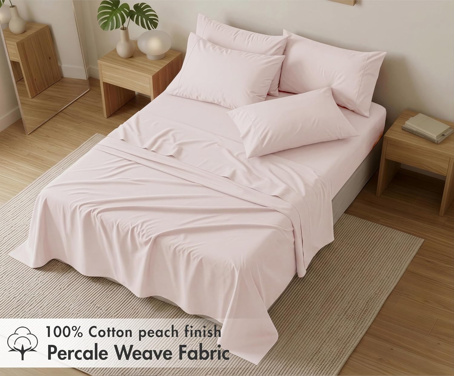 Ruvanti 100% Cotton Percale Sheets Queen Size 6 Piece Set, Cooling Bed Sheets for Hot Sleepers, Deep Pocket 16”, Breathable Lightweight & D…