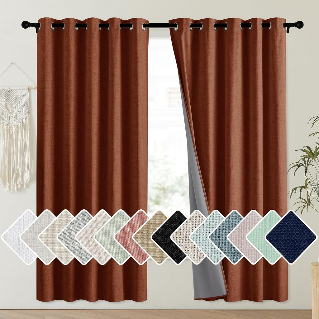 NICETOWN 100% Absolutely Blackout Linen Curtains with Thermal Insulated Liner, 62" Wide, 2 Panels, 72" Long Drapes, Grommet Retro Burnt…