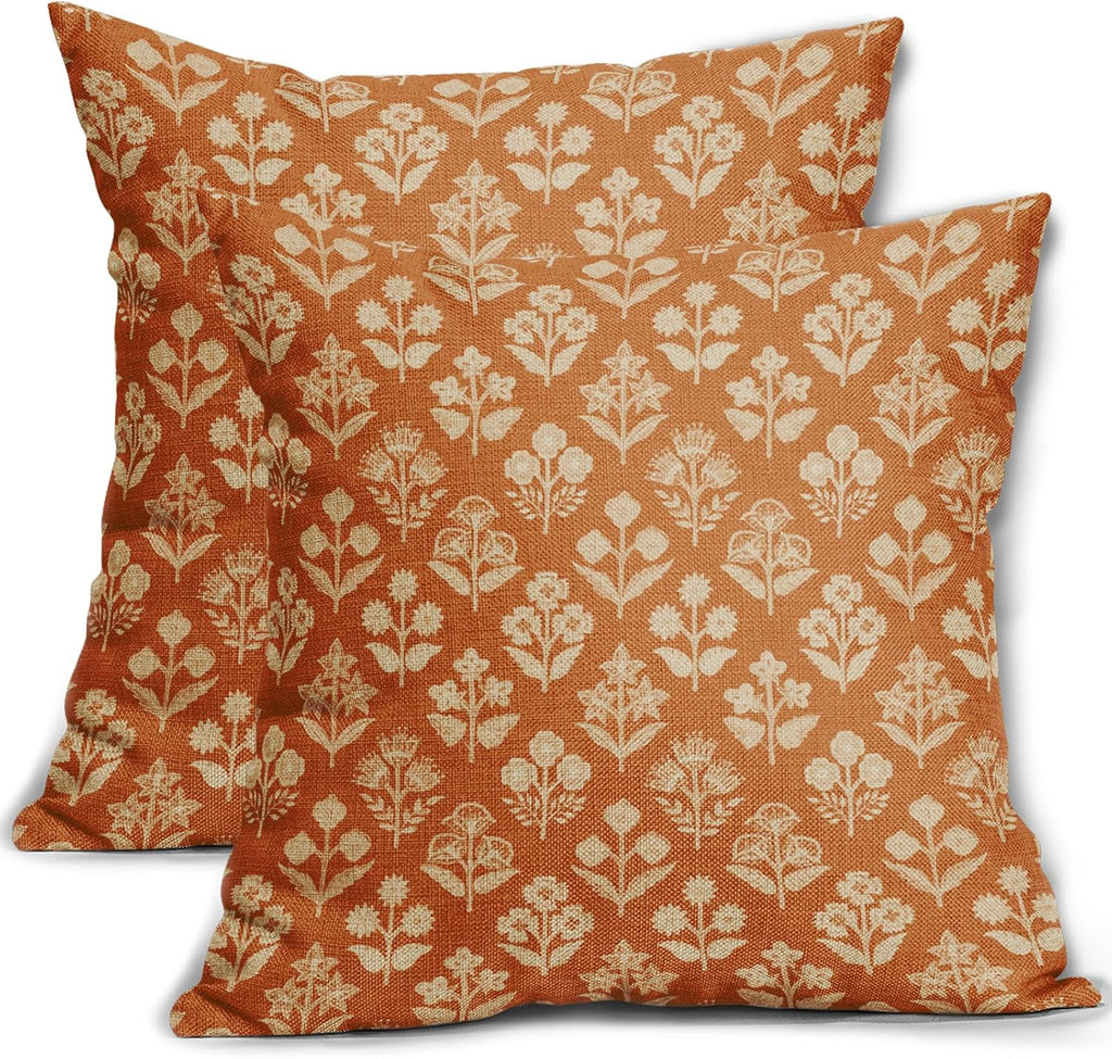 Burnt Orange Floral Pillow Covers 22x22 Inch Set of 2, Vintage Flower Block Pattern Decorative Throw Pillowcases Outdoor Farmhouse…