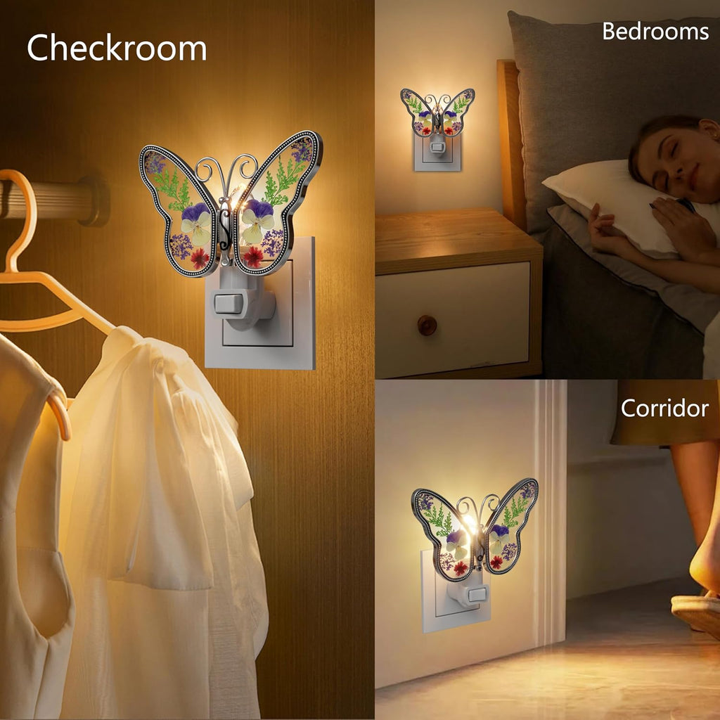 KY&BOSAM Butterfly Night Lights Plug into Wall 1-Pack 7W Plug in Night Light Dusk to Dawn 3000K Warm White Bright Real Flower+Metal…