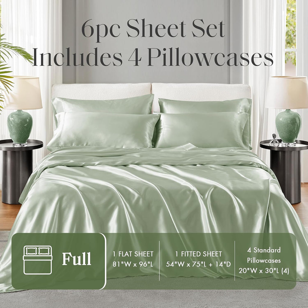 Madisonpark Madison Park Satin Sheets Full Size, Luxe Satin Bed Sheets, 14" Elastic Pocket, Wrinkle-Free, Sage 6 Piece Set