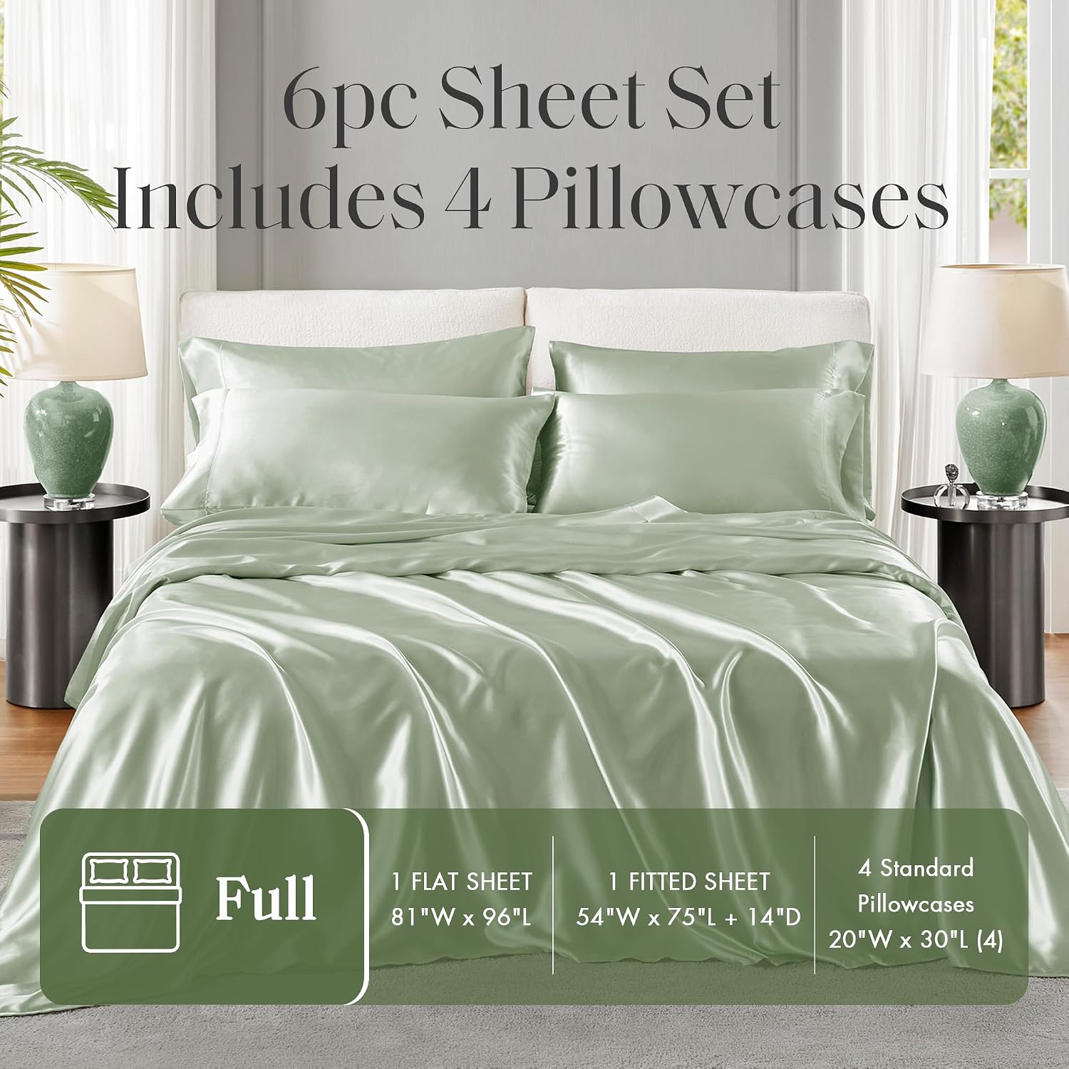 Madisonpark Madison Park Satin Sheets Full Size, Luxe Satin Bed Sheets, 14" Elastic Pocket, Wrinkle-Free, Sage 6 Piece Set