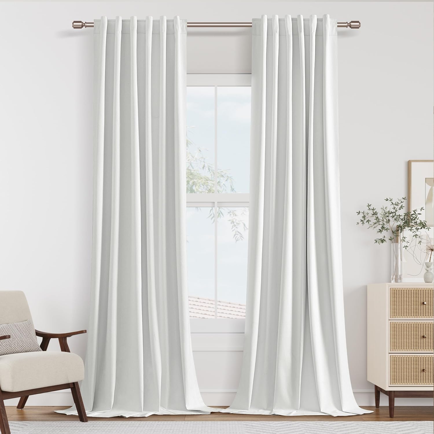 Guken White 100% Blackout Linen Curtains 42 Inch Wide by 90 Inch for Living Room Bedroom Back Tab Rod Pocket Thermal Insulated Black Out Dr…