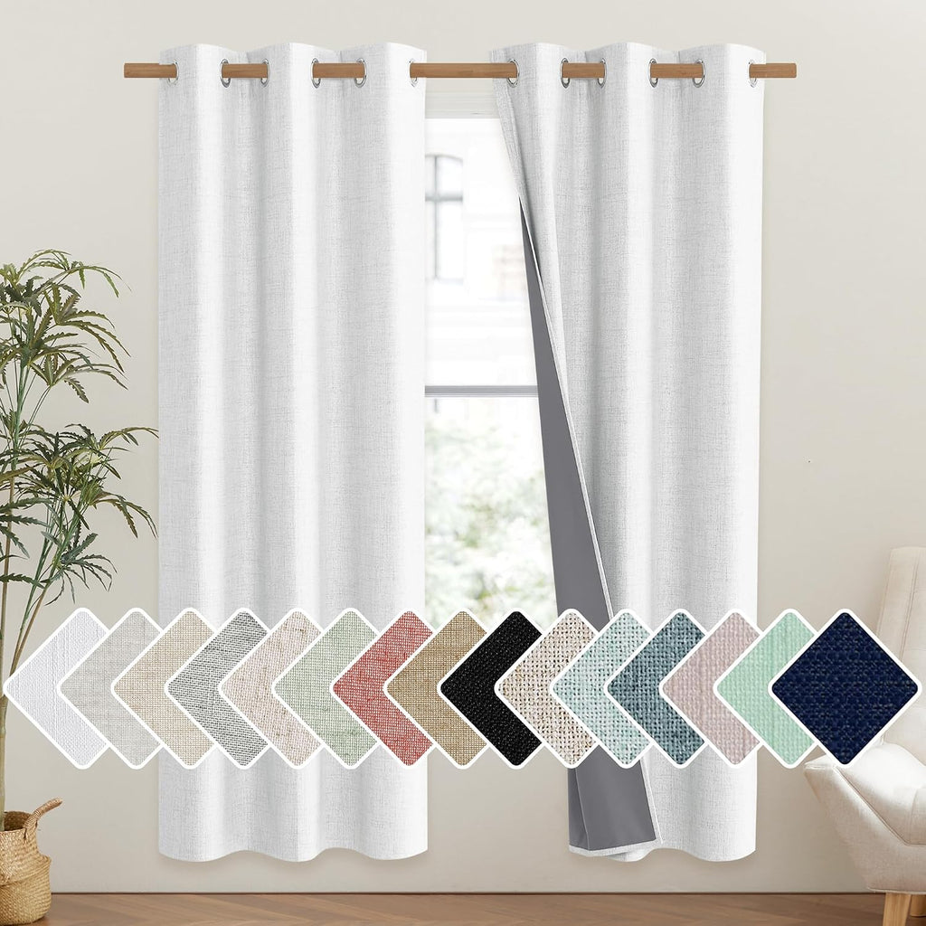 NICETOWN 100% Absolutely Blackout Linen Curtains with Thermal Insulated Liner, Greyish White, 42" Wide, 72" Length Energy Saving Curtains…