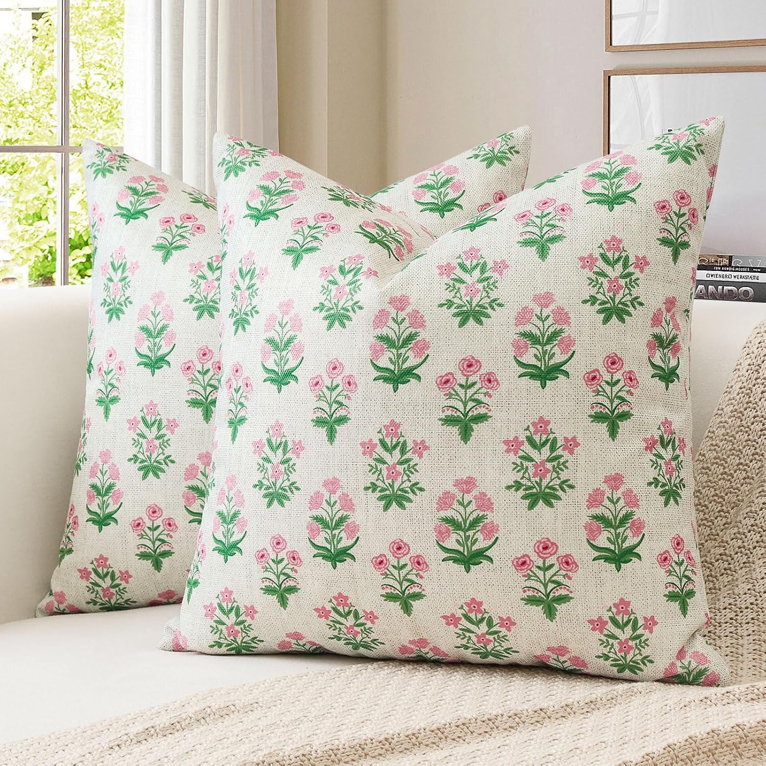OTOSTAR Floral Print Pillow Covers 20x20 Inch Pack of 2 Double-Sided Pink Green Flower Square Throw Pillow Covers Farmhouse Rustic…