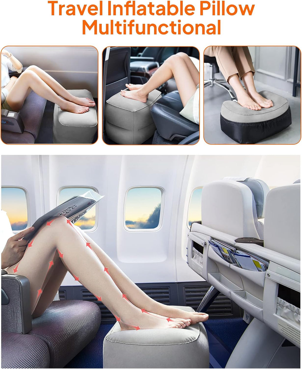 Sunany Inflatable Foot Rest Pillow for Travel, Kids/Adults Airplane Travel Pillow-Adjustable Height Cushions, for Kids to Sleep While Travel…