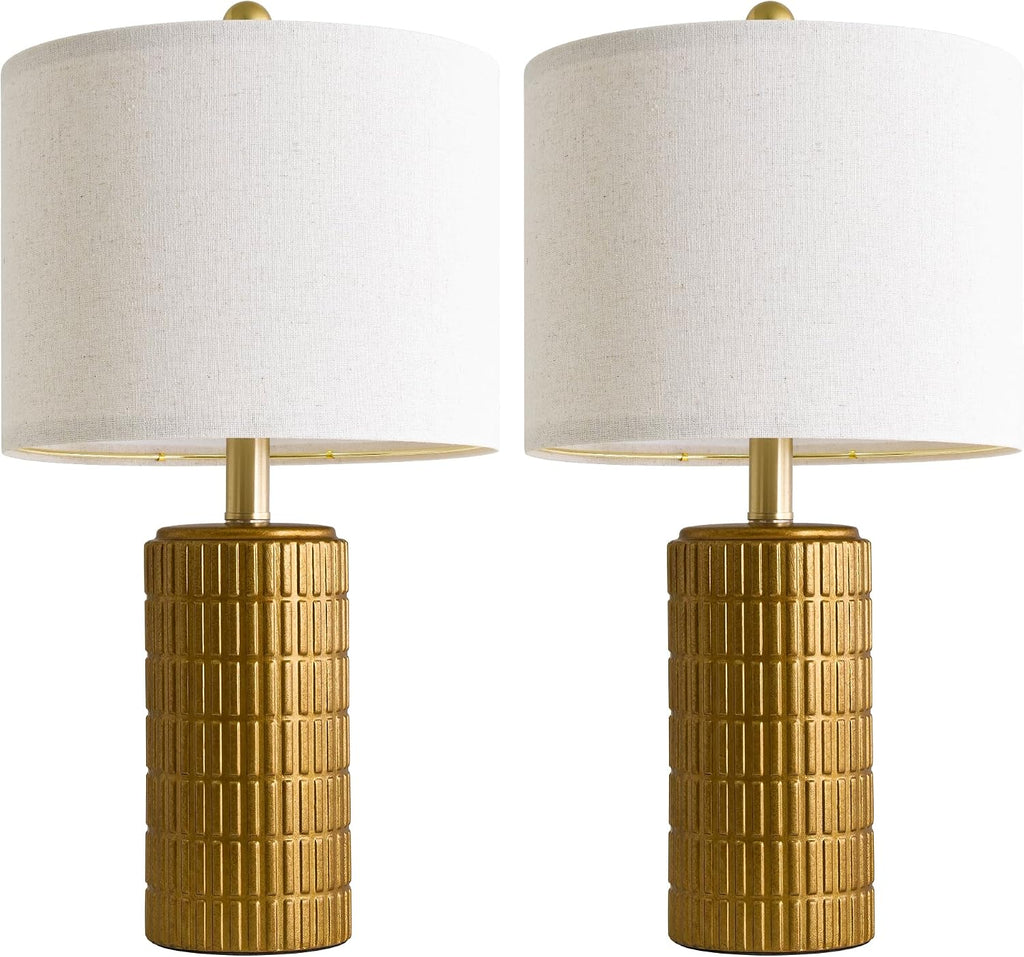PoKat 20.75" Brass Gold Ceramic Table Lamps Set of 2 for Living Room, Small Retro Bedside Lamps for Bedroom, Nightstand Lamps for Home…