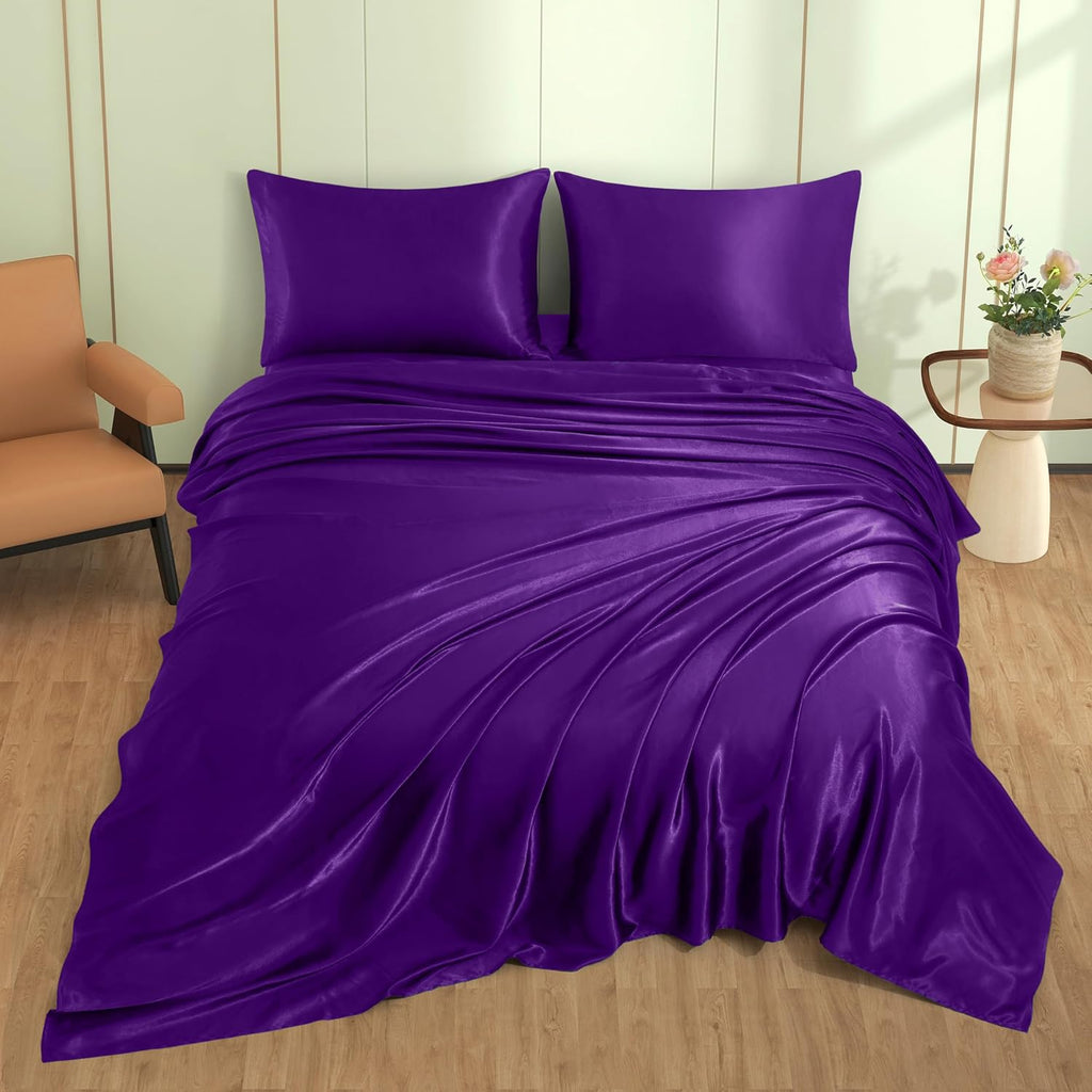 VACVELT 4pcs Purple Satin Sheets King Size Bed Set, 15 Inch Deep Pocket Silky Satin Sheet Set, Soft Satin Bedding Set Cooling & Luxury…