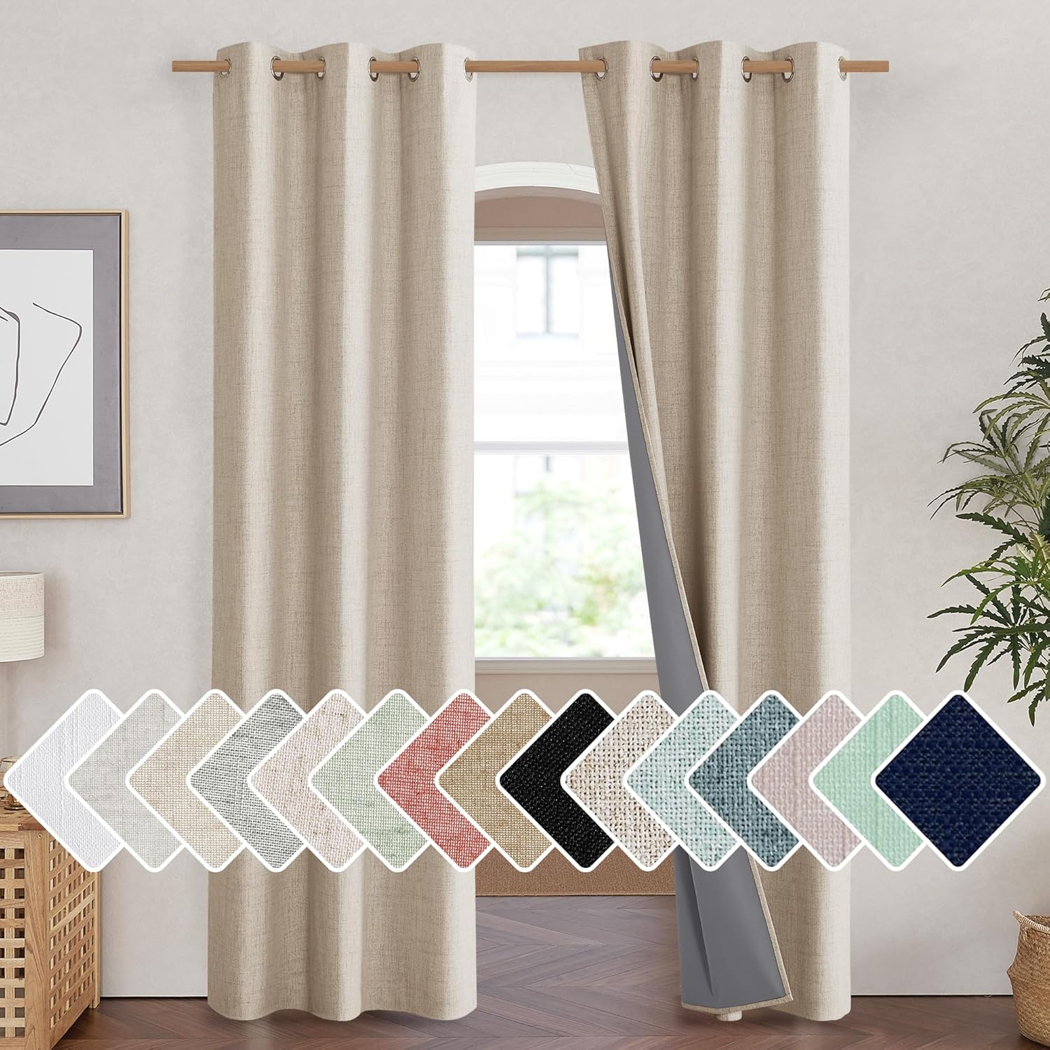 NICETOWN Cream 100% Blackout Linen Curtains 90 inch Long Burg for Living Room, 1 Pair, 42" Width Each Panel, Farmhouse Thick Completely…