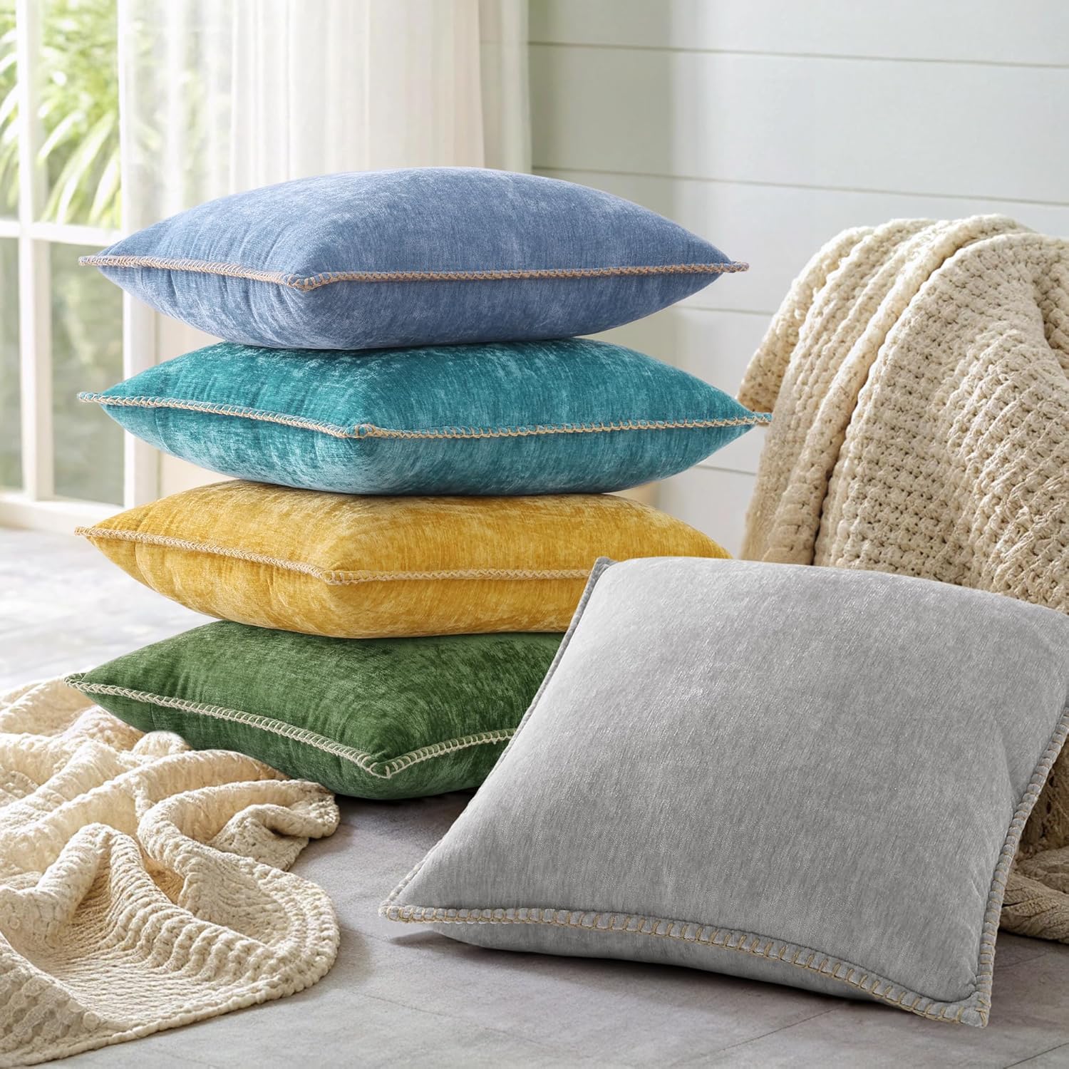 decorUhome Chenille Soft Cozy Throw Pillow Covers 24x24 Set of 2, Modern Farmhouse Boho Velvet Decorative Euro Sham Pillow Cases with Stitc…