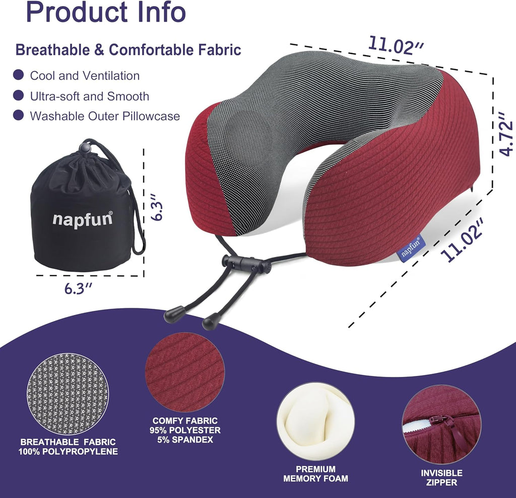 napfun Neck Pillow for Traveling, Upgraded Travel Neck Pillow for Airplane 100% Pure Memory Foam Travel Pillow for Flight Headrest Sleep…
