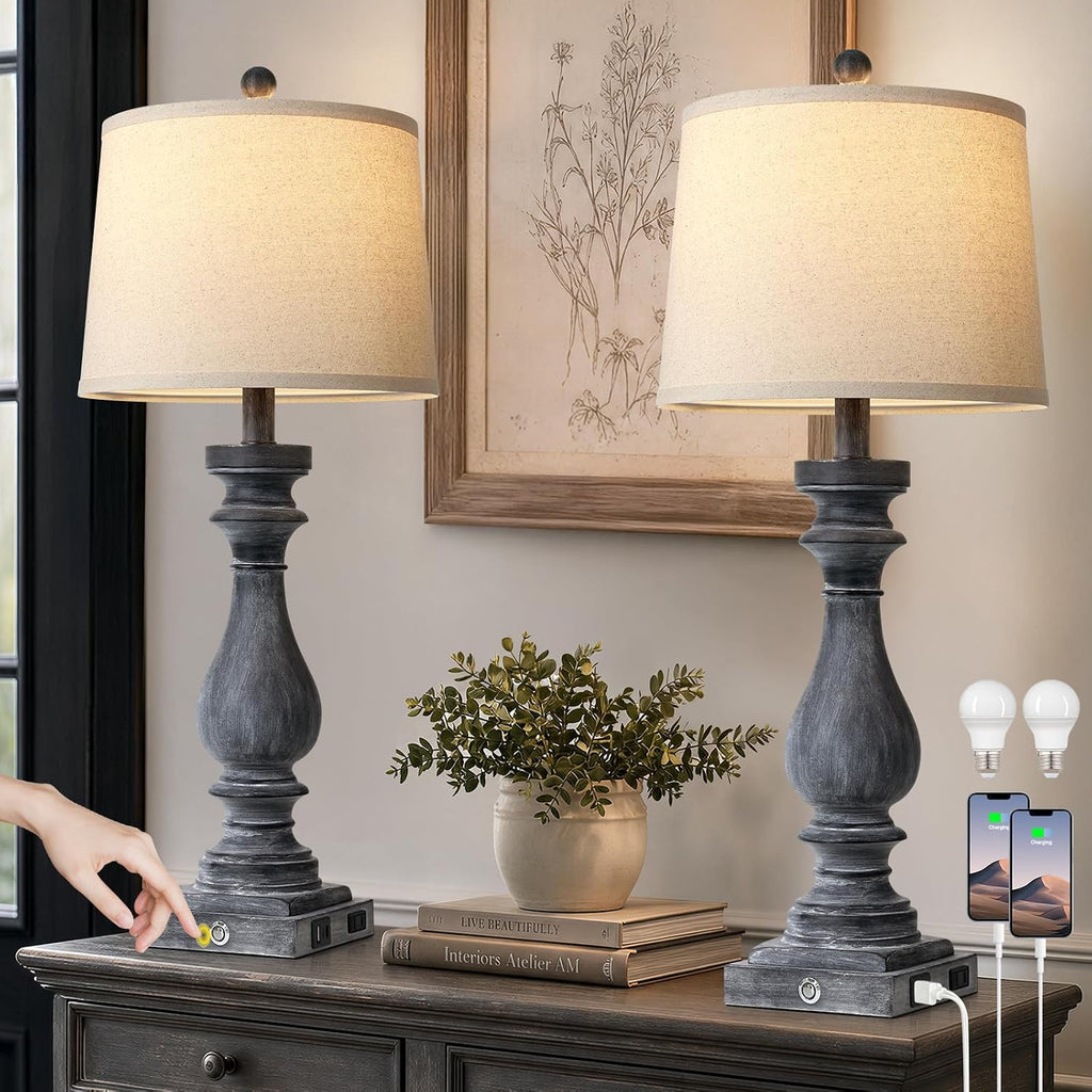 Cinkeda 29" Tall Farmhouse Table Lamp for Living Room Set of 2, Vintage Retro Nightstand Lamps with USB C+A Ports & AC Outlet,3-Way…