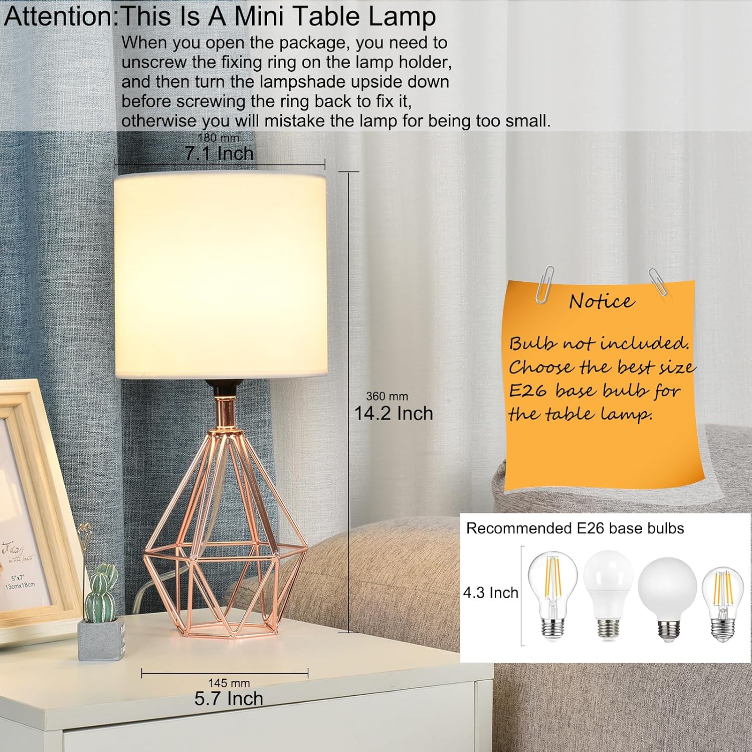 Rose Gold Bedside Table Lamp, Modern Small Desk Lamp with TC Fabric Shade Geometric Metal Base for Kids Living Room Bedroom Nightstand